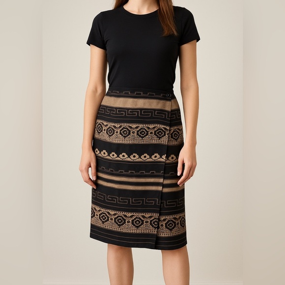 Jones New York 100% Silk Wrap Skirt 6 Brown Black Tribal Print Straight Knee - Picture 1 of 6